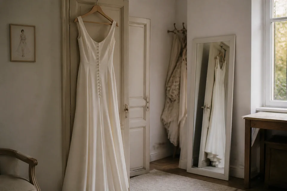 Robe de mariée dans un atelier de confection — illustration générée par IA
