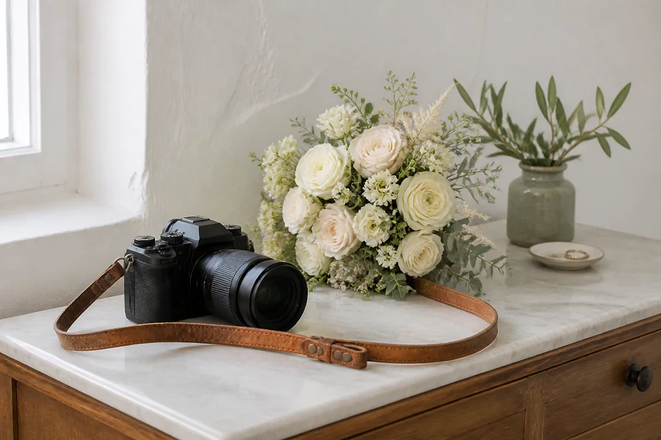 Appareil photo et accessoires de reportage de mariage — illustration générée par IA