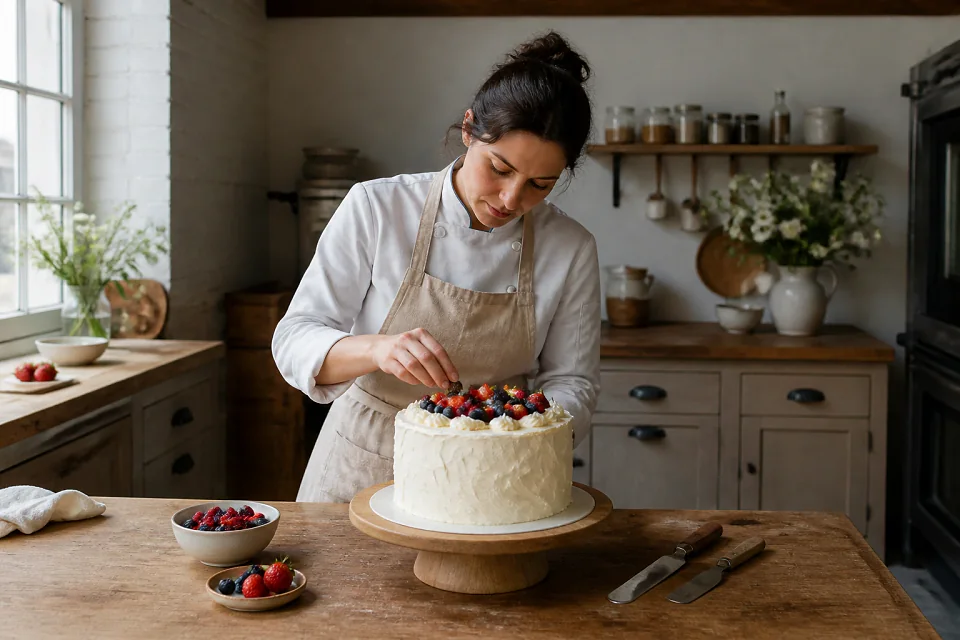 Gâteau de mariage préparé dans un atelier — illustration générée par IA