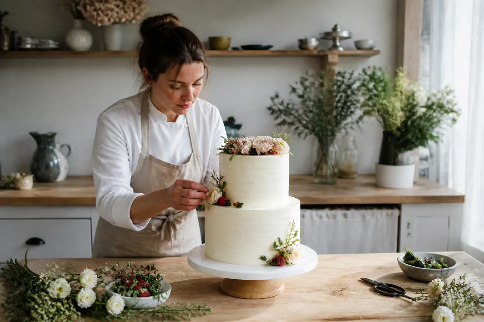 Gâteau de mariage préparé dans un atelier — illustration générée par IA