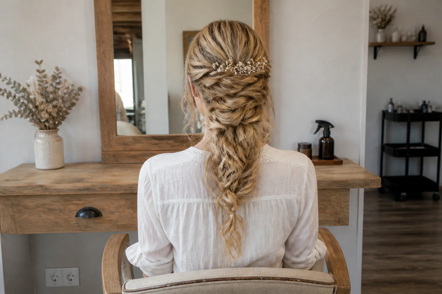 Coiffure de cérémonie vue pendant la préparation — illustration générée par IA