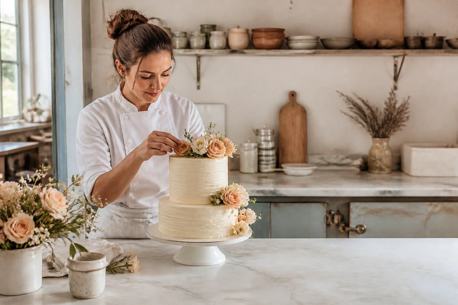 Gâteau de mariage préparé dans un atelier — illustration générée par IA