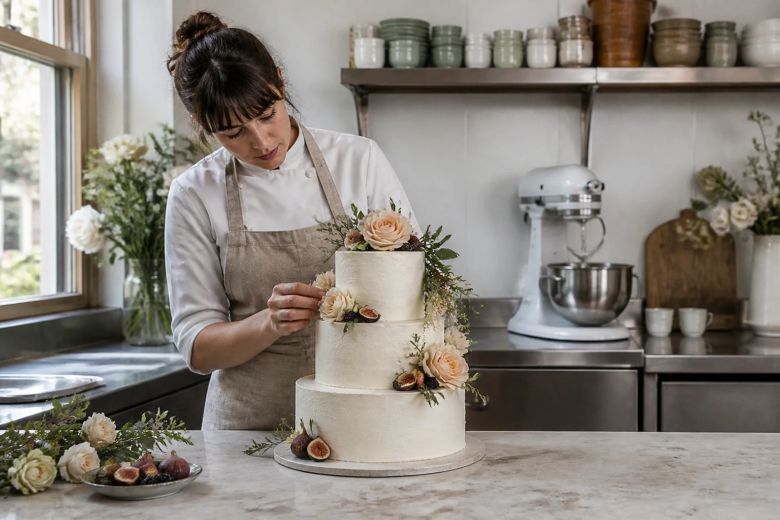 Gâteau de mariage préparé dans un atelier — illustration générée par IA