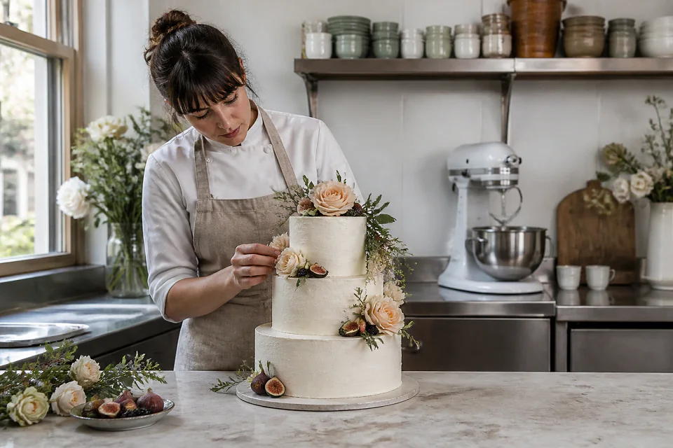 Gâteau de mariage préparé dans un atelier — illustration générée par IA
