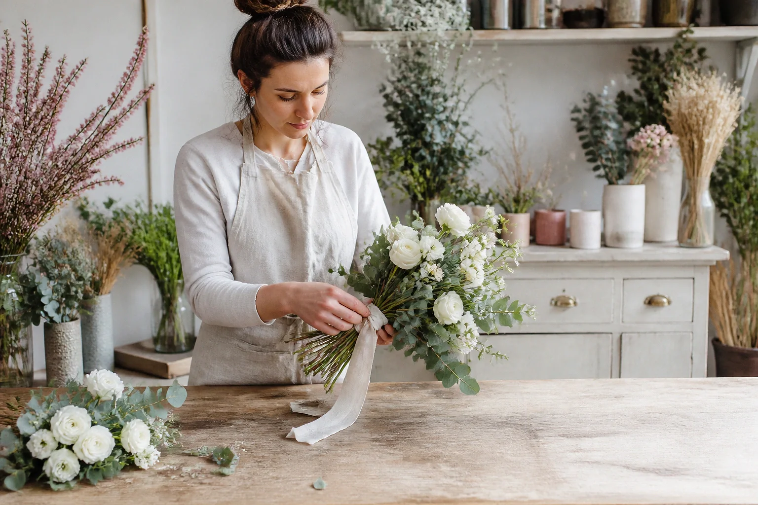 Préparation florale pour un mariage — illustration générée par IA