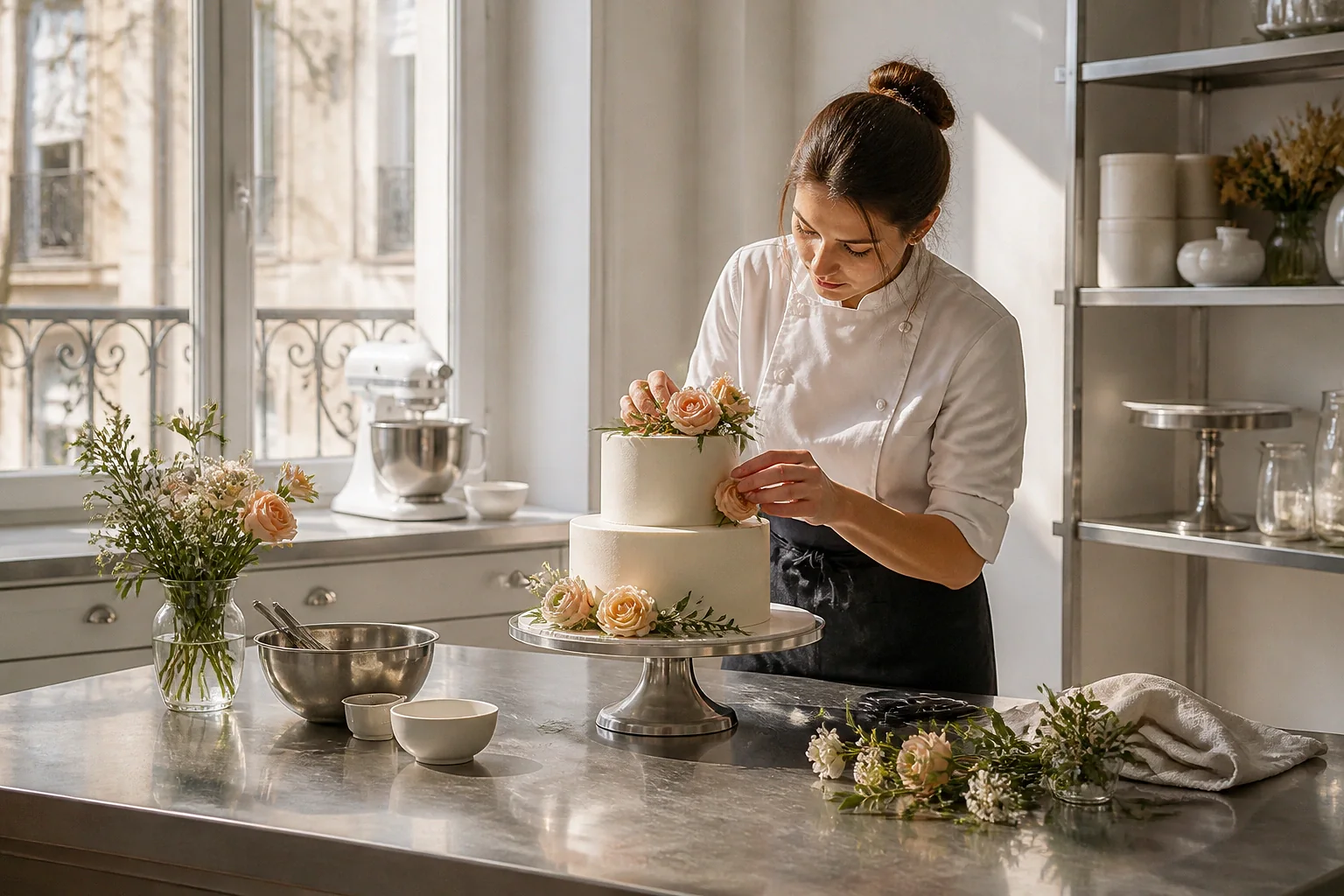 Gâteau de mariage préparé dans un atelier — illustration générée par IA