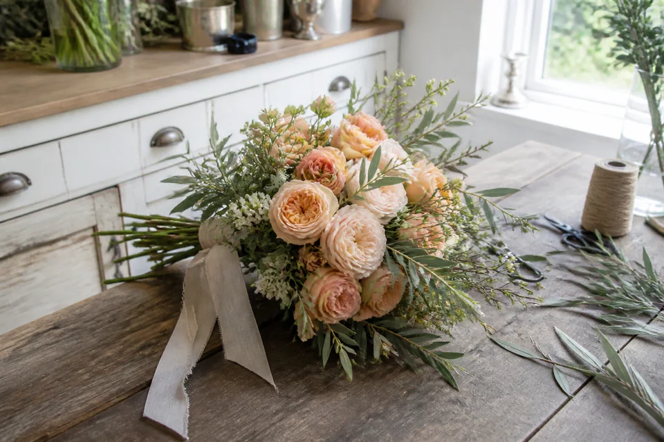 Préparation florale pour un mariage — illustration générée par IA