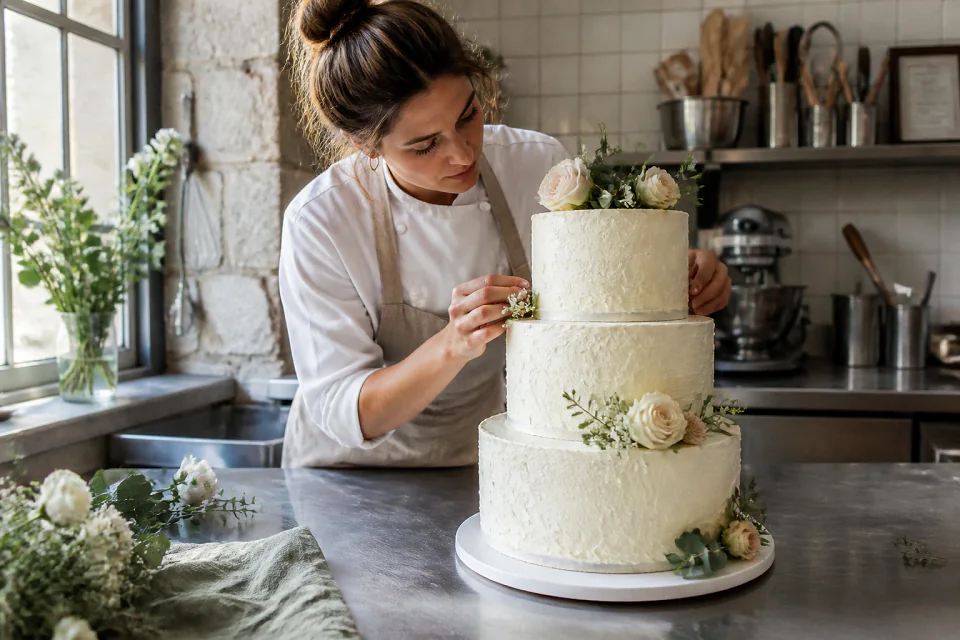Gâteau de mariage préparé dans un atelier — illustration générée par IA