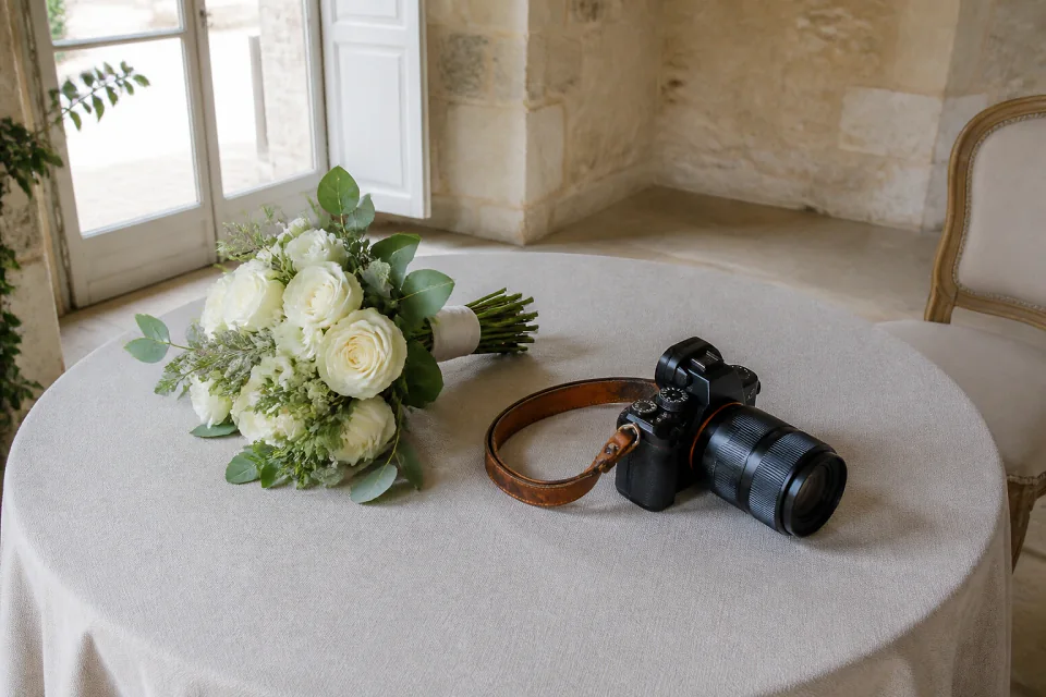 Appareil photo et accessoires de reportage de mariage — illustration générée par IA
