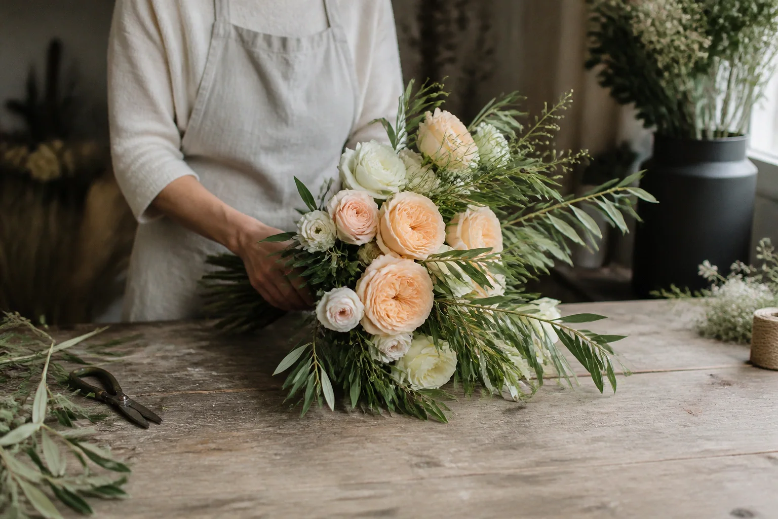 Préparation florale pour un mariage — illustration générée par IA