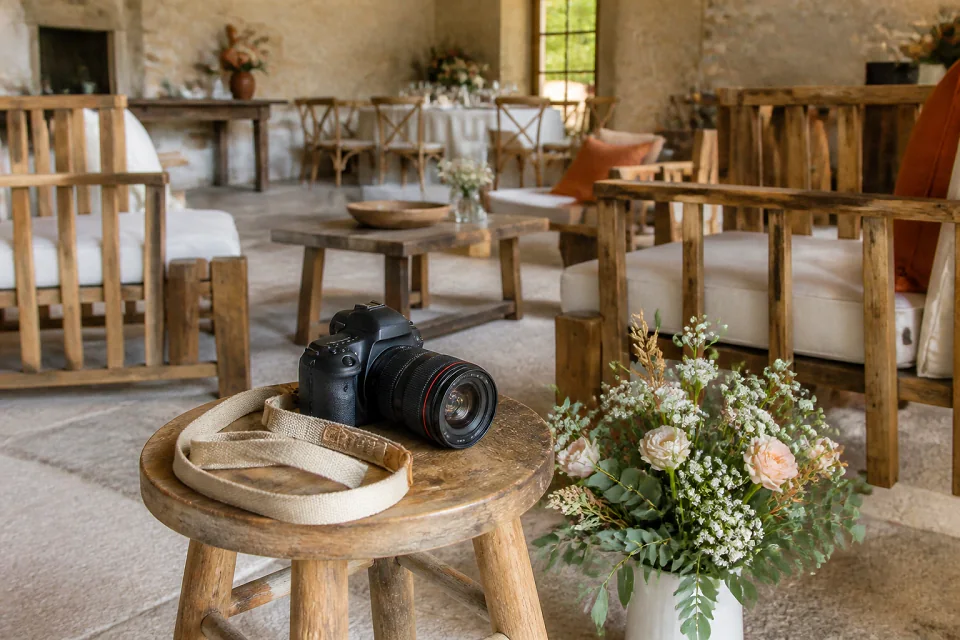 Appareil photo et accessoires de reportage de mariage — illustration générée par IA