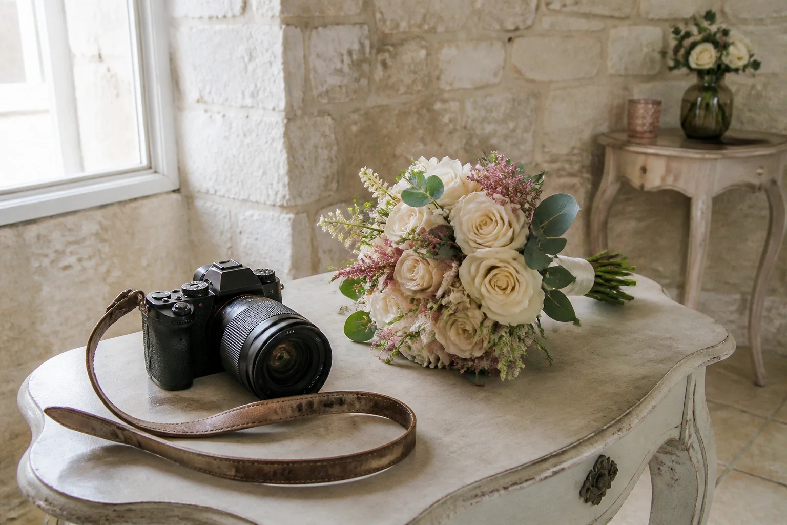 Appareil photo et accessoires de reportage de mariage — illustration générée par IA
