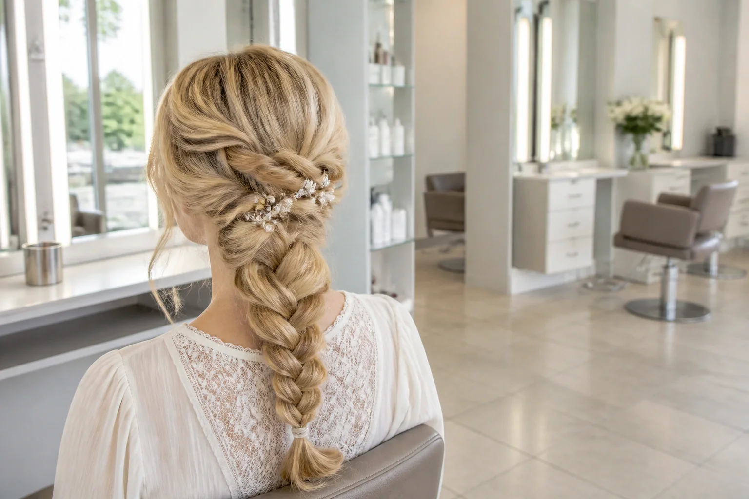 Coiffure de cérémonie vue pendant la préparation — illustration générée par IA