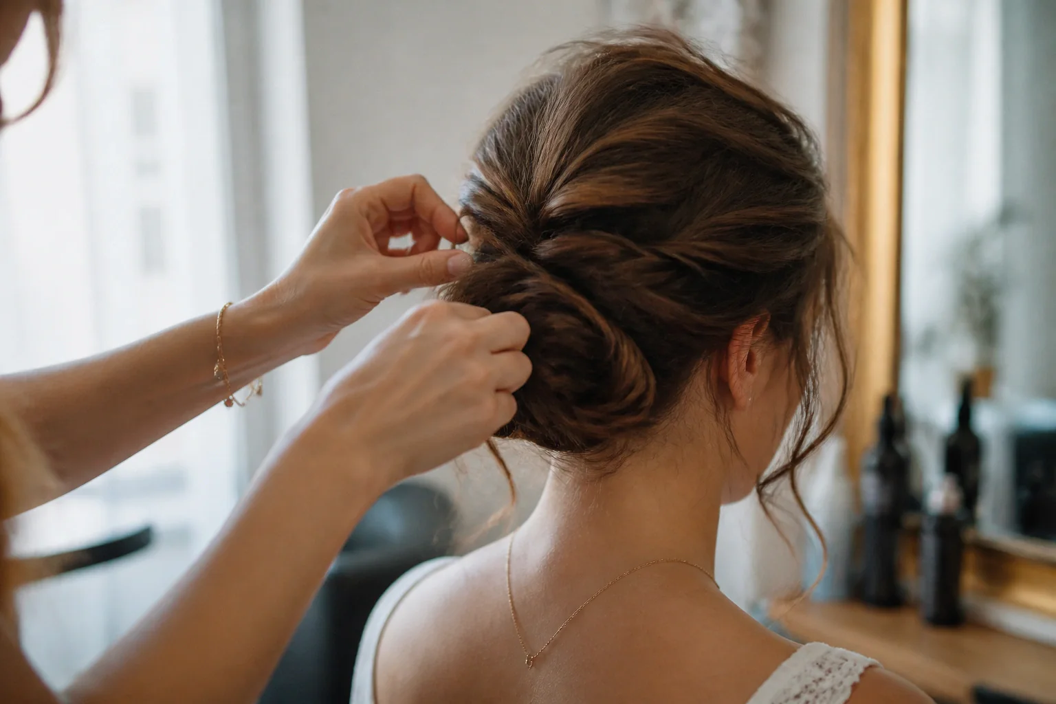 Coiffure de cérémonie vue pendant la préparation — illustration générée par IA