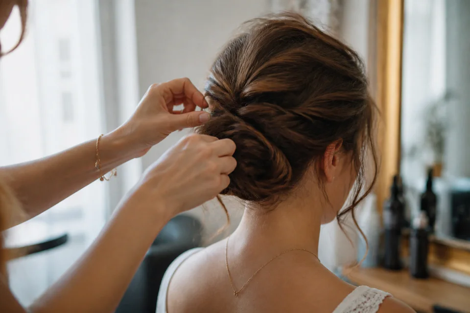 Coiffure de cérémonie vue pendant la préparation — illustration générée par IA
