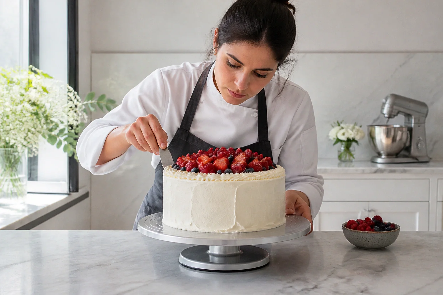 Gâteau de mariage préparé dans un atelier — illustration générée par IA