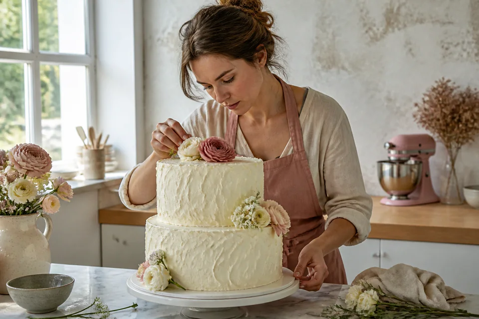 Gâteau de mariage préparé dans un atelier — illustration générée par IA