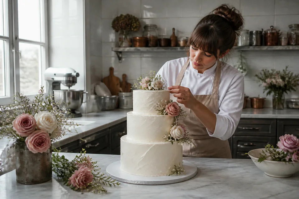 Gâteau de mariage préparé dans un atelier — illustration générée par IA