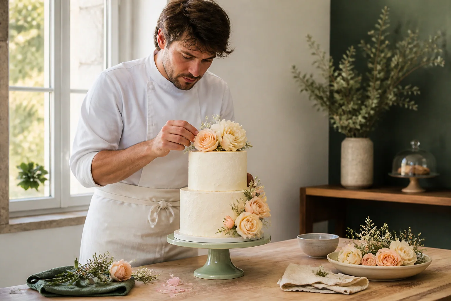 Gâteau de mariage préparé dans un atelier — illustration générée par IA