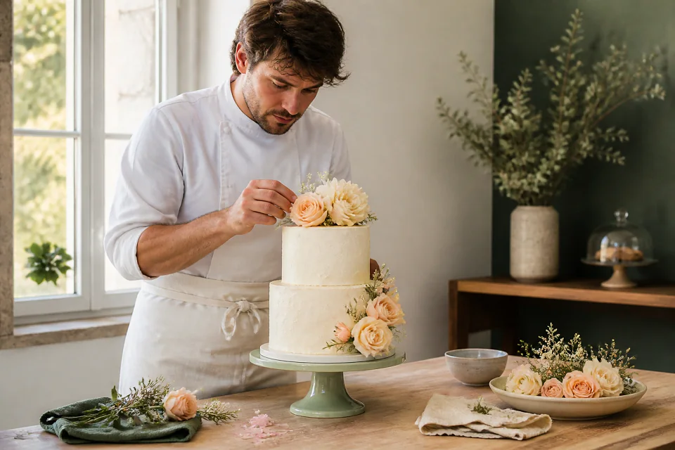 Gâteau de mariage préparé dans un atelier — illustration générée par IA