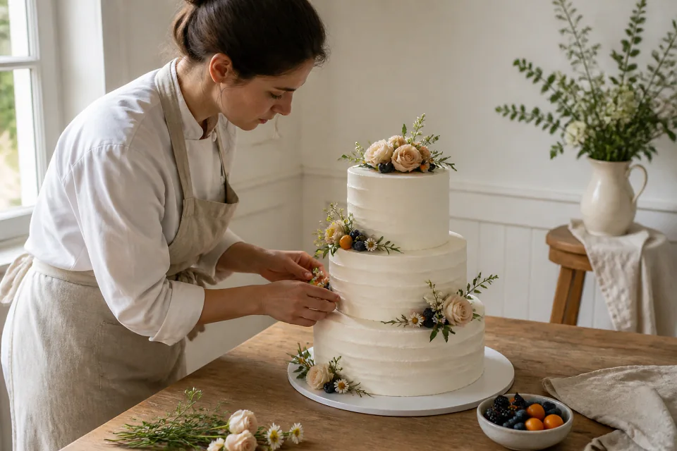 Gâteau de mariage préparé dans un atelier — illustration générée par IA