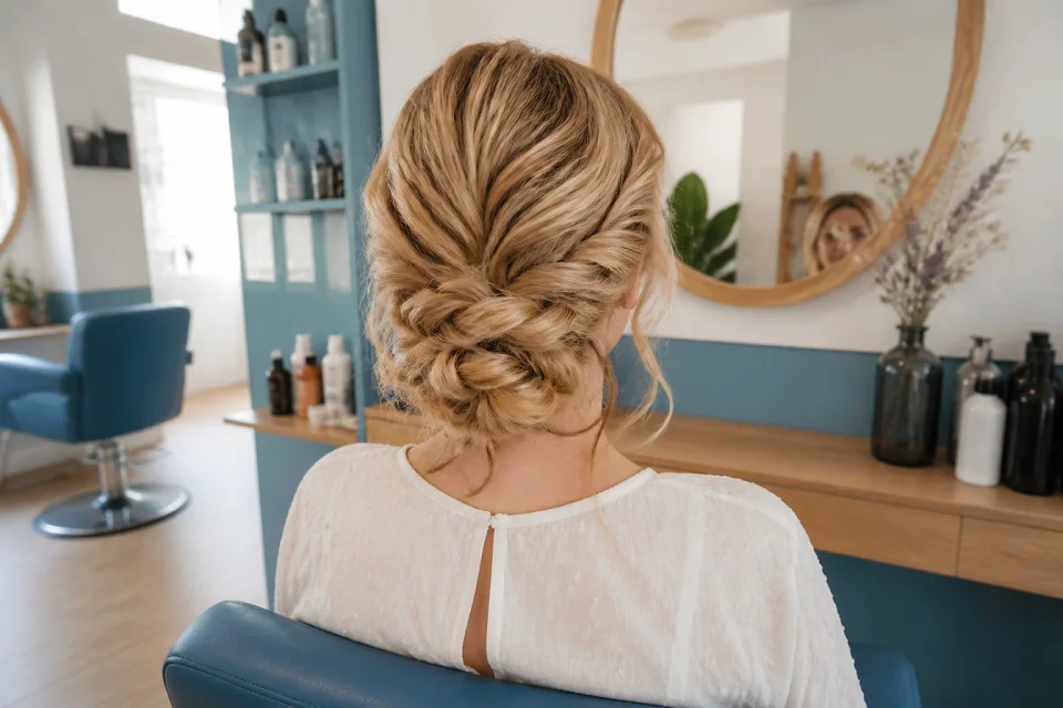 Coiffure de cérémonie vue pendant la préparation — illustration générée par IA