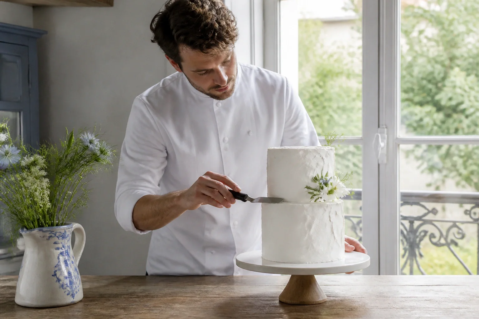 Gâteau de mariage préparé dans un atelier — illustration générée par IA