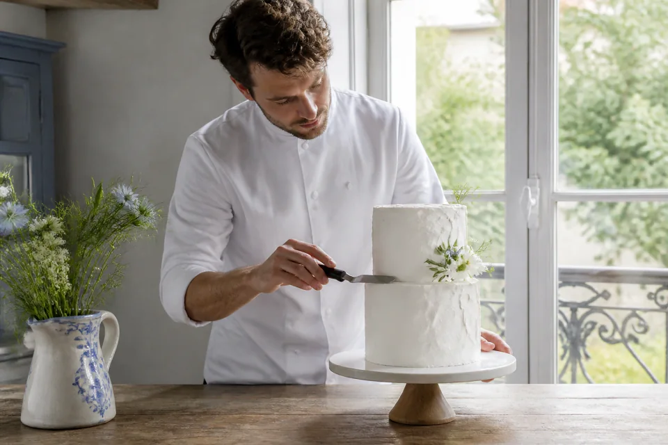 Gâteau de mariage préparé dans un atelier — illustration générée par IA