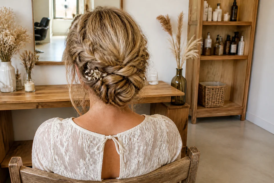 Coiffure de cérémonie vue pendant la préparation — illustration générée par IA