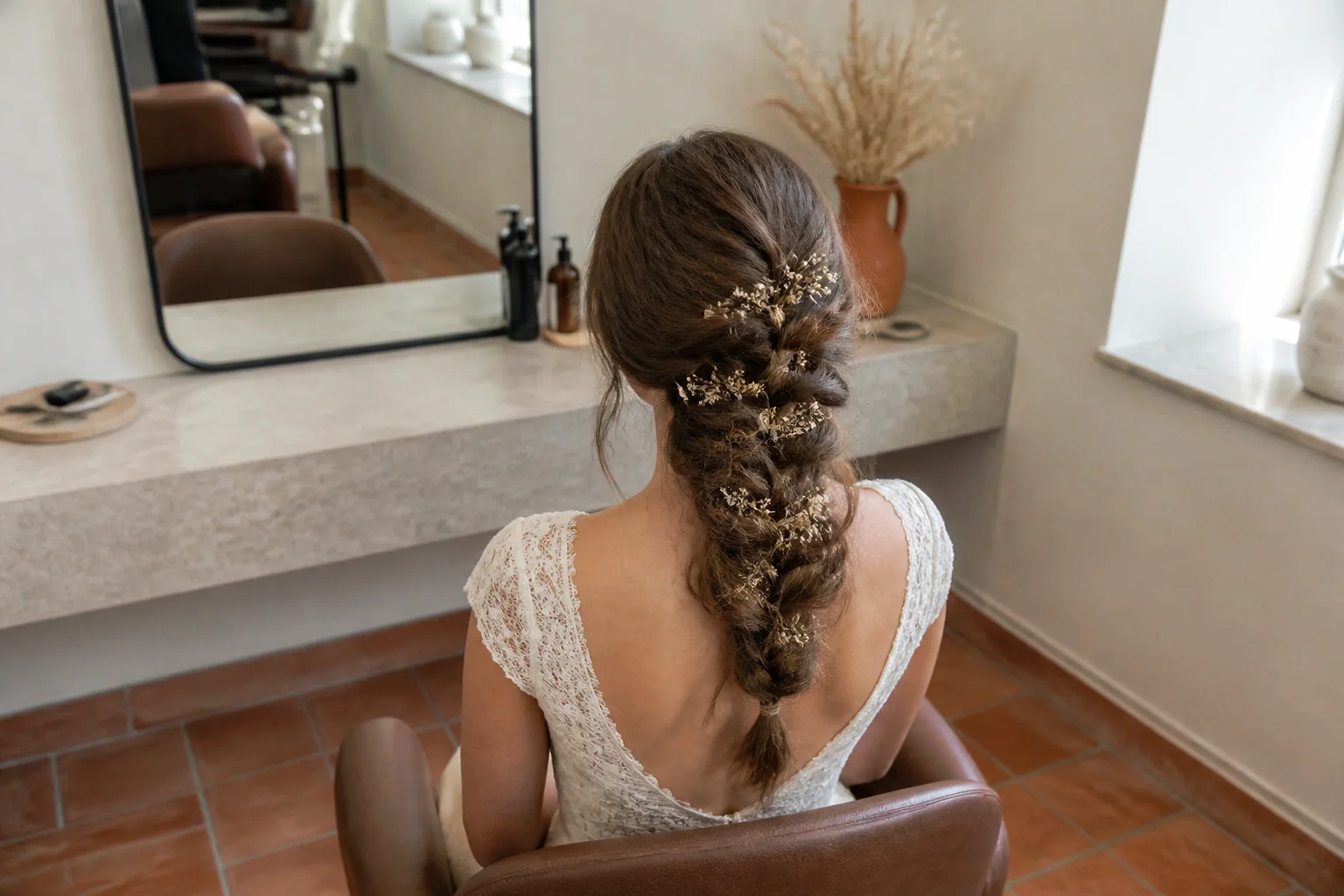 Coiffure de cérémonie vue pendant la préparation — illustration générée par IA