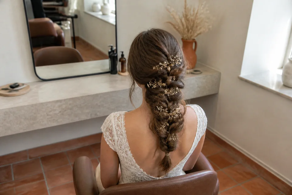 Coiffure de cérémonie vue pendant la préparation — illustration générée par IA