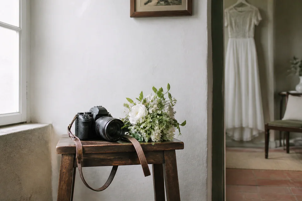 Appareil photo et accessoires de reportage de mariage — illustration générée par IA