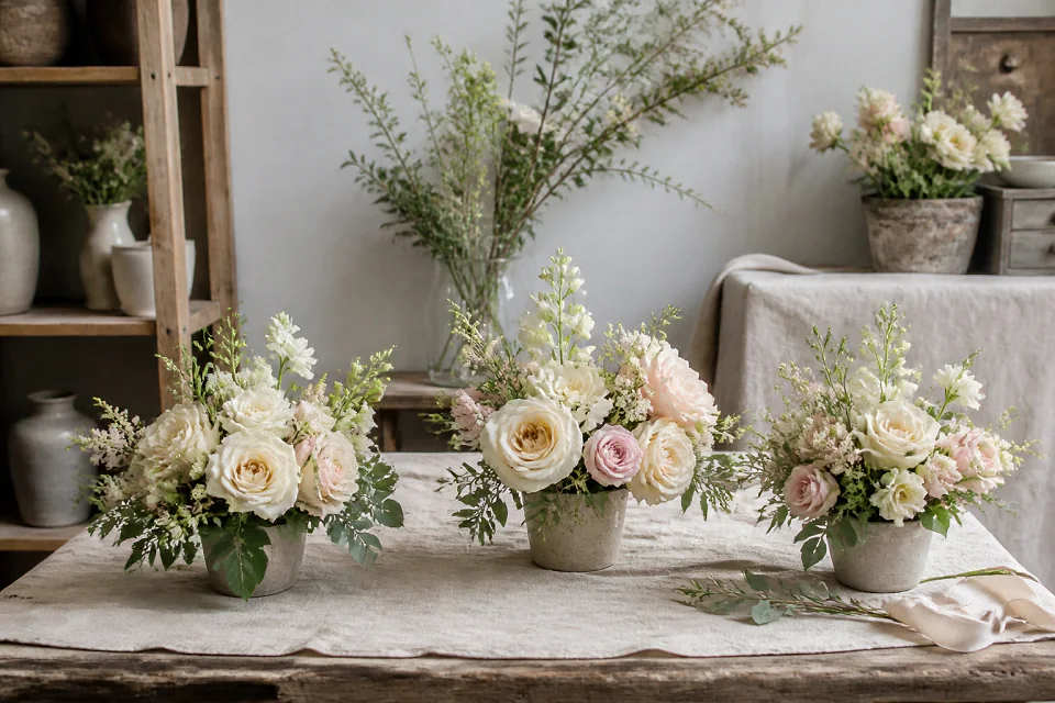 Préparation florale pour un mariage — illustration générée par IA