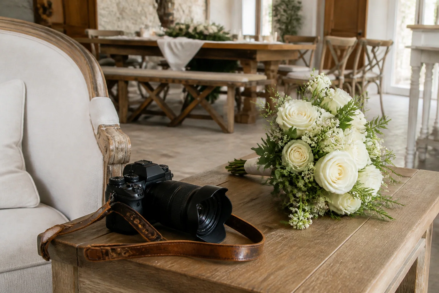 Appareil photo et accessoires de reportage de mariage — illustration générée par IA