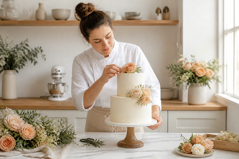 Gâteau de mariage préparé dans un atelier — illustration générée par IA