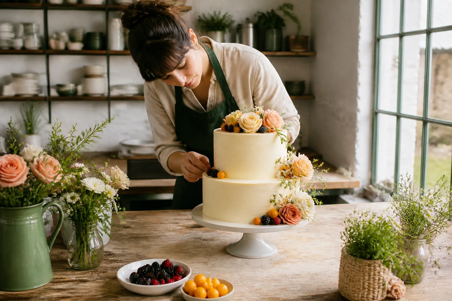 Gâteau de mariage préparé dans un atelier — illustration générée par IA