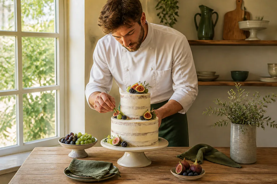 Gâteau de mariage préparé dans un atelier — illustration générée par IA