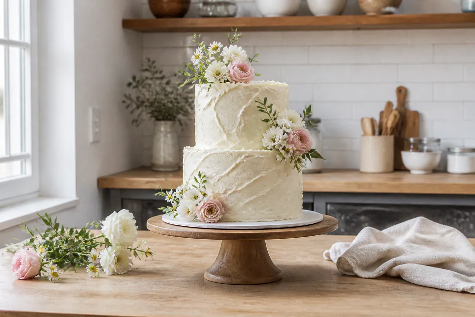 Gâteau de mariage préparé dans un atelier — illustration générée par IA