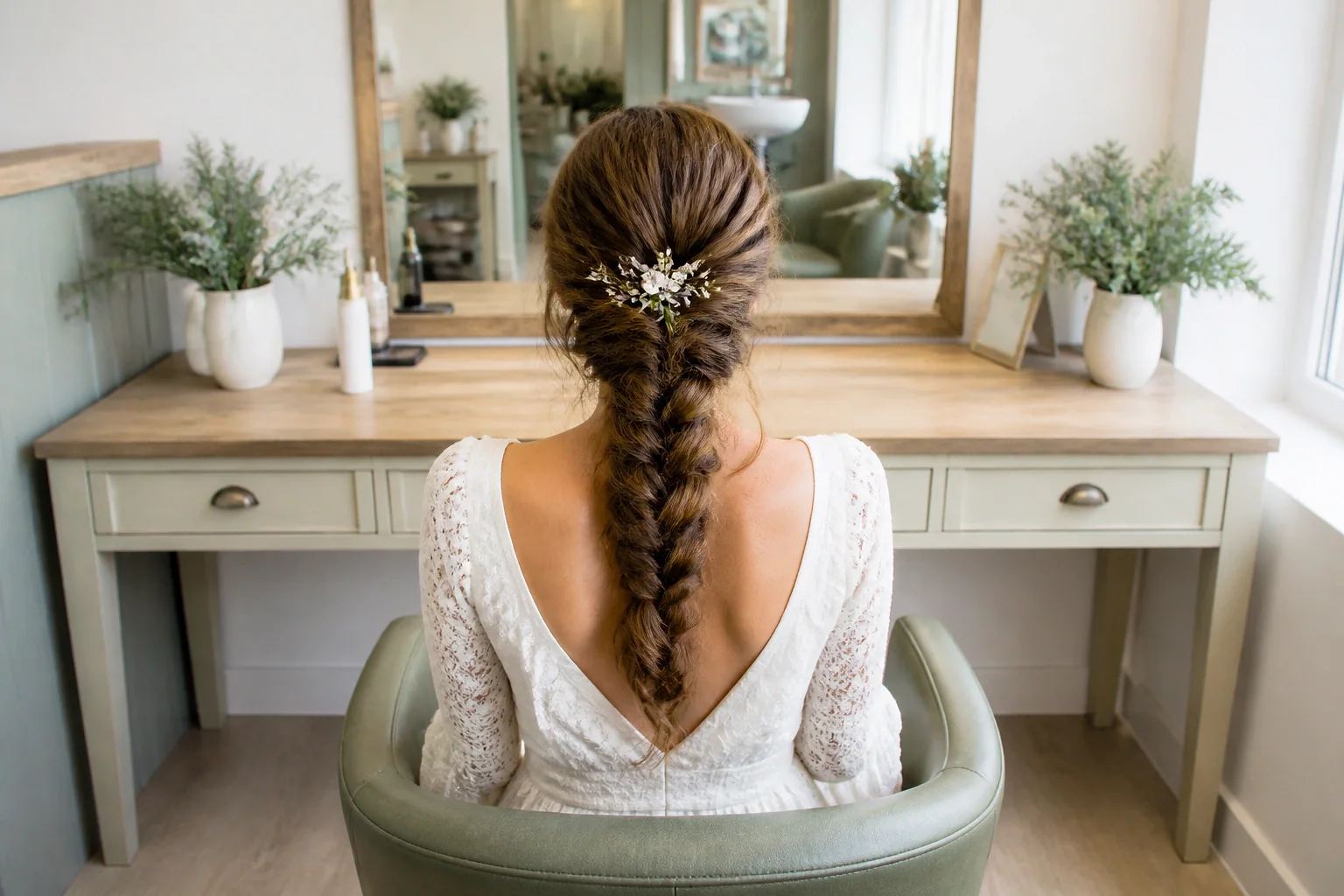 Coiffure de cérémonie vue pendant la préparation — illustration générée par IA