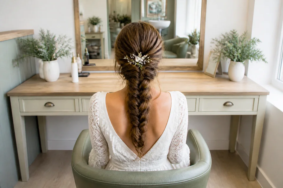 Coiffure de cérémonie vue pendant la préparation — illustration générée par IA
