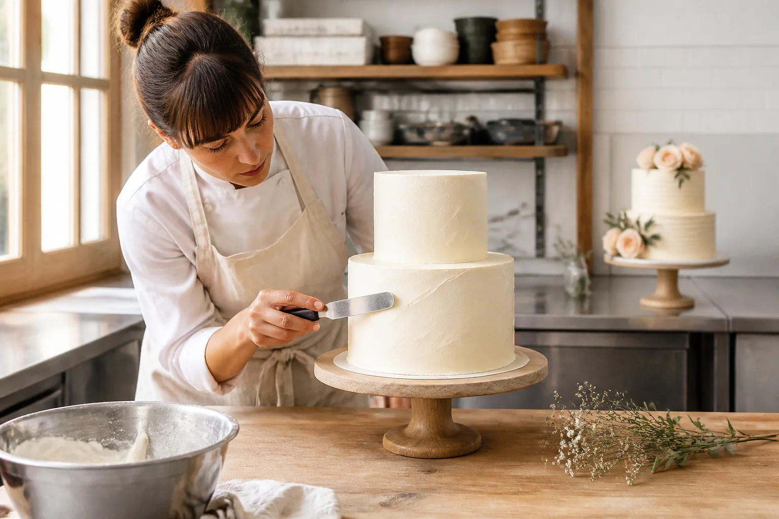 Gâteau de mariage préparé dans un atelier — illustration générée par IA