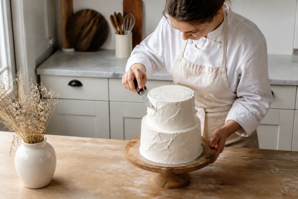 Gâteau de mariage préparé dans un atelier — illustration générée par IA