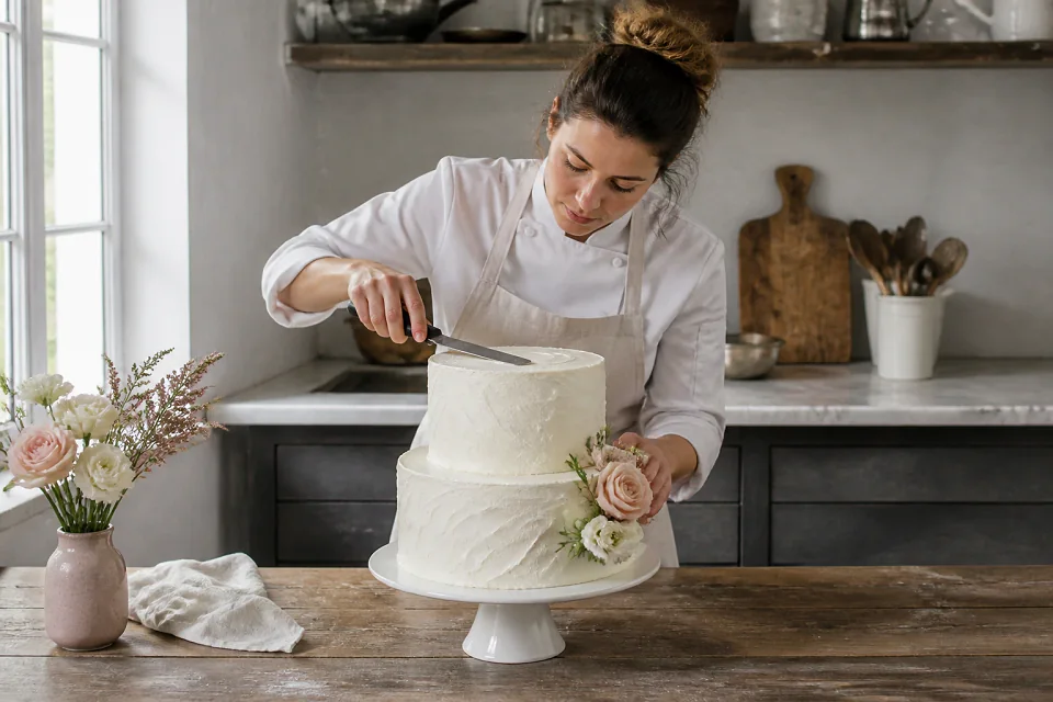 Gâteau de mariage préparé dans un atelier — illustration générée par IA
