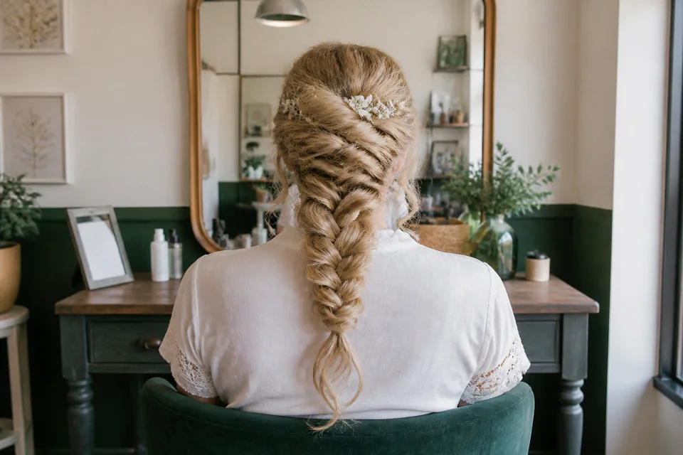 Coiffure de cérémonie vue pendant la préparation — illustration générée par IA