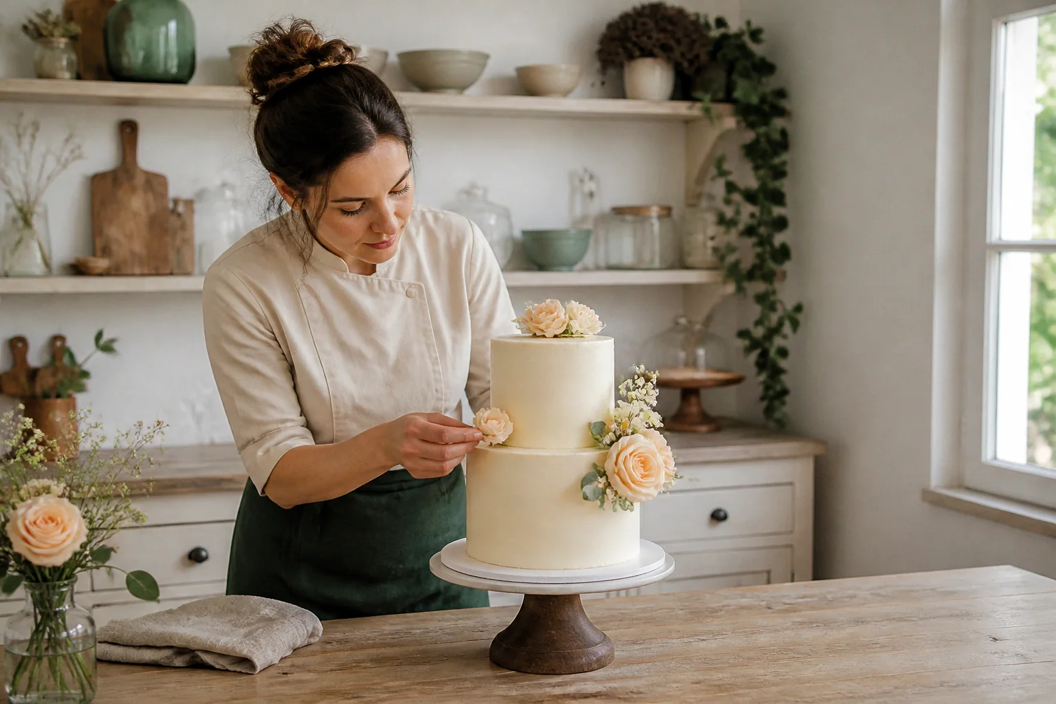Gâteau de mariage préparé dans un atelier — illustration générée par IA