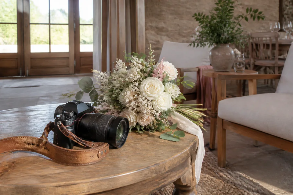 Appareil photo et accessoires de reportage de mariage — illustration générée par IA