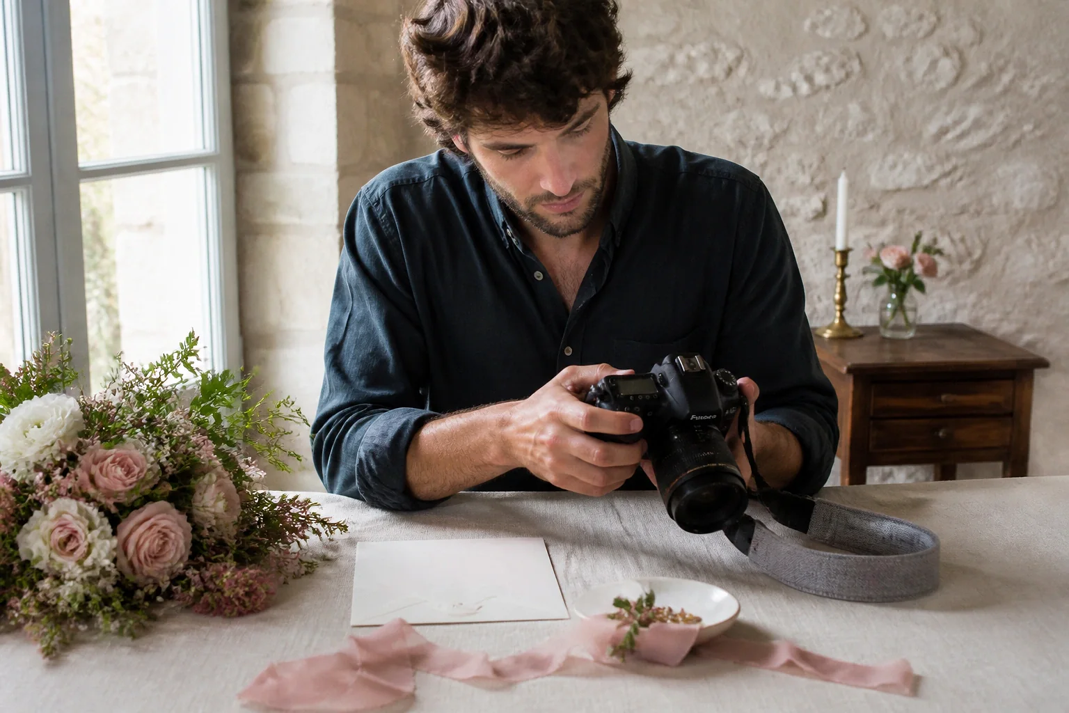 Appareil photo et accessoires de reportage de mariage — illustration générée par IA