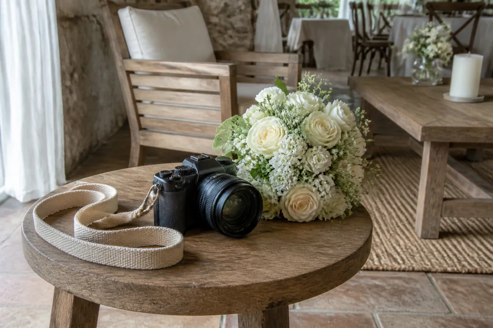 Appareil photo et accessoires de reportage de mariage — illustration générée par IA