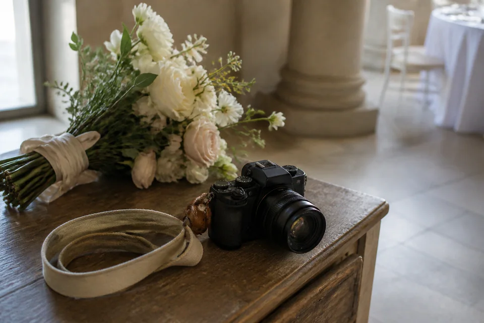 Appareil photographique et accessoires de mariage sur une table — illustration générée par IA
