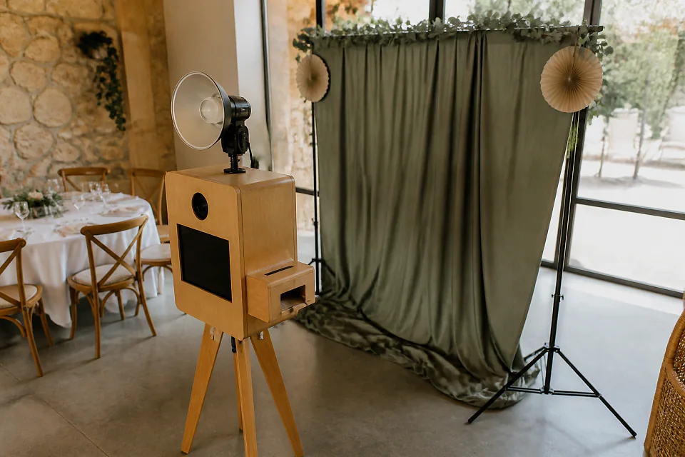 Borne photo installée pour une réception de mariage — illustration générée par IA